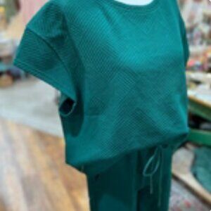 Flare Textured Travel Set - Short Cap Sleeve Top & Crop Flare Drawstring Pant